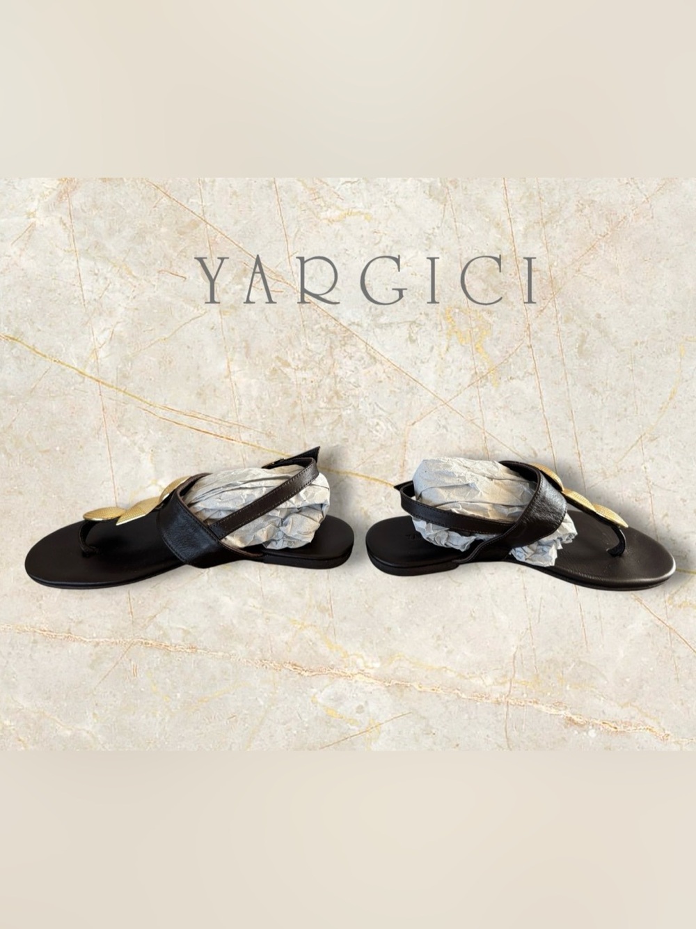 🛍️SALE🛍️YARGICI Women's Brown Leather Flat Thong Sandals w/ Gold Accent Ornament - Picture 8 of 11